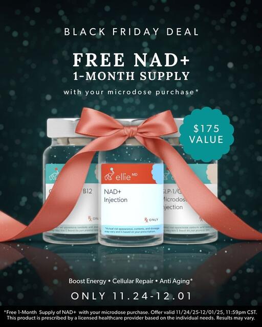 Black Friday Deal graphic showing a free 1-month supply of NAD+ Injection ($175 value) with an Ellie MD GLP-1 Microdose purchase. Three medical vials wrapped in a festive red bow.