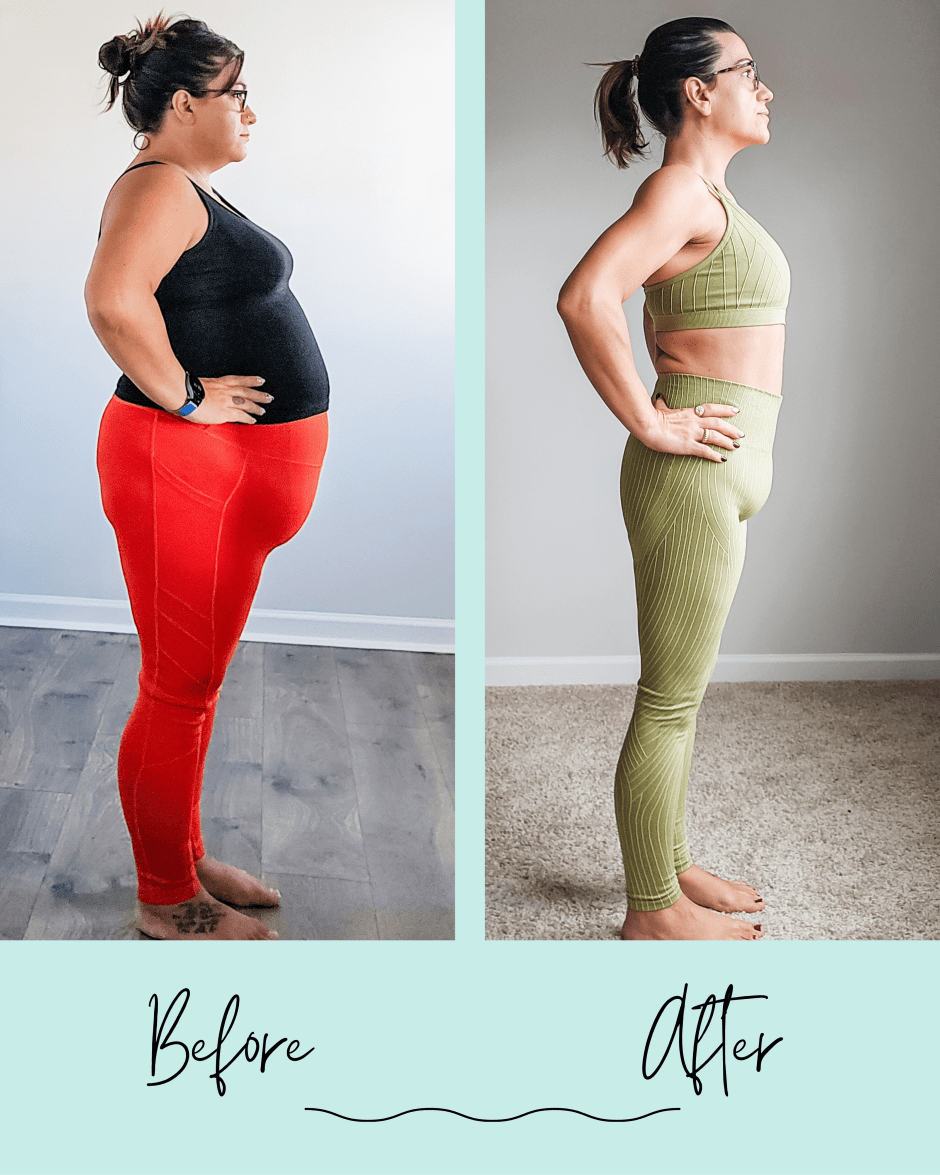 Side-by-side weight loss before and after of Niki Lamie from 192 lbs to 115 lbs using GLP-1 and EllieMD.