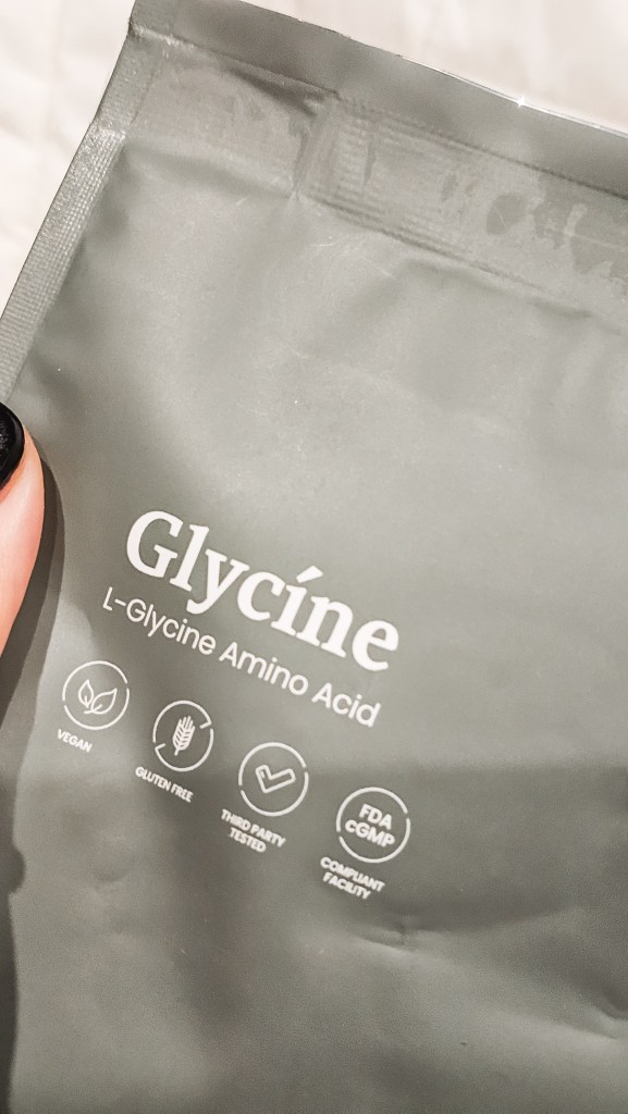 Bag of L-glycine amino acid supplement labeled vegan and gluten free