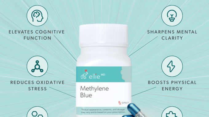 Infographic showing potential benefits of pharmaceutical-grade methylene blue, including cognitive function, mental clarity, cellular energy, and mitochondrial support.