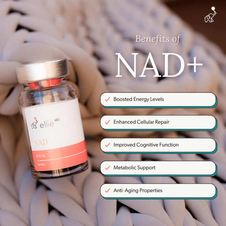 Ellie MD NAD+ vial bottle on a cozy blanket with a list of benefits: Boosted Energy Levels, Enhanced Cellular Repair, Improved Cognitive Function, Metabolic Support, and Anti-Aging Properties.