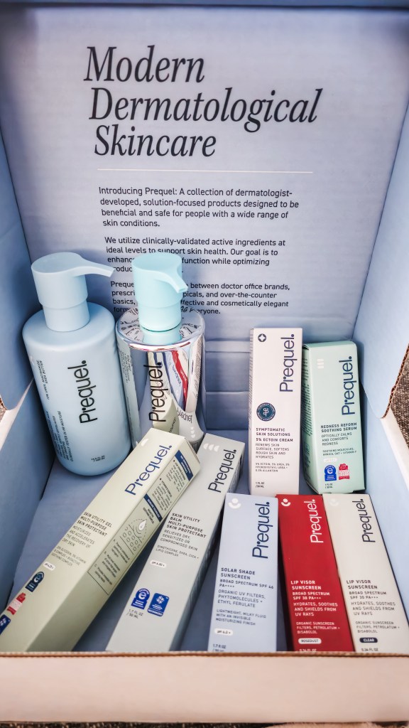 Prequel skincare routine products used to clear maskne, including cleanser, hypochlorous acid spray, serums, moisturizer, sunscreen, and scar care