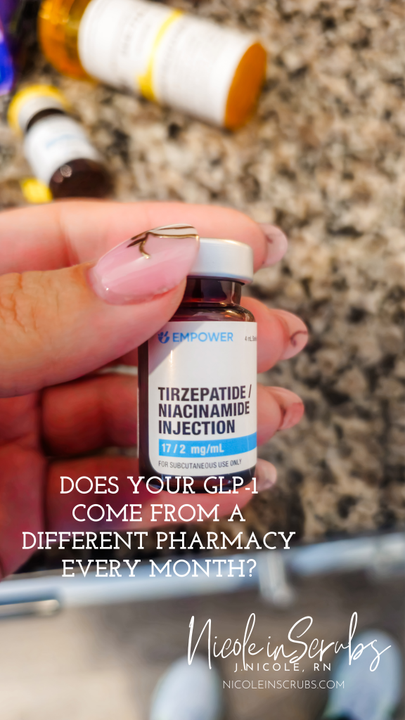 Hand holding an Empower compounding pharmacy tirzepatide niacinamide injection vial at 17/2 mg/mL with multiple other compounded GLP-1 vials visible in the background showing pharmacy variation