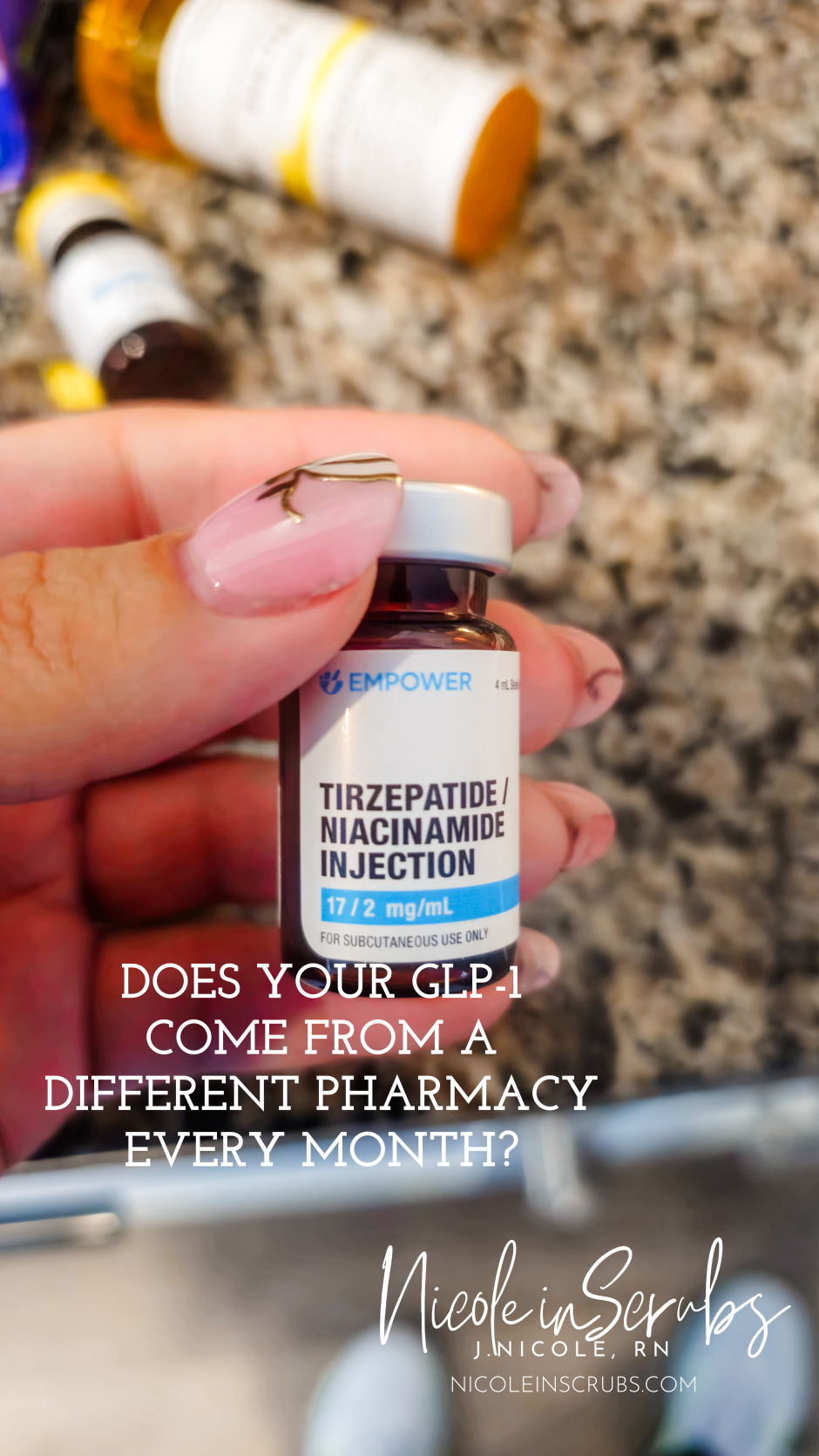 Hand holding an Empower compounding pharmacy tirzepatide niacinamide injection vial at 17/2 mg/mL with multiple other compounded GLP-1 vials visible in the background showing pharmacy variation