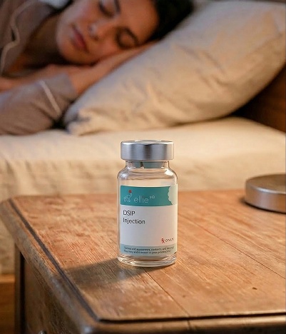 EllieMD DSIP Injection vial on nightstand next to sleeping woman