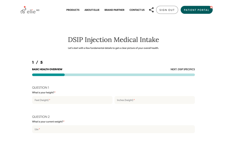 EllieMD DSIP Injection medical intake form step 1 of 5 — basic health overview questionnaire