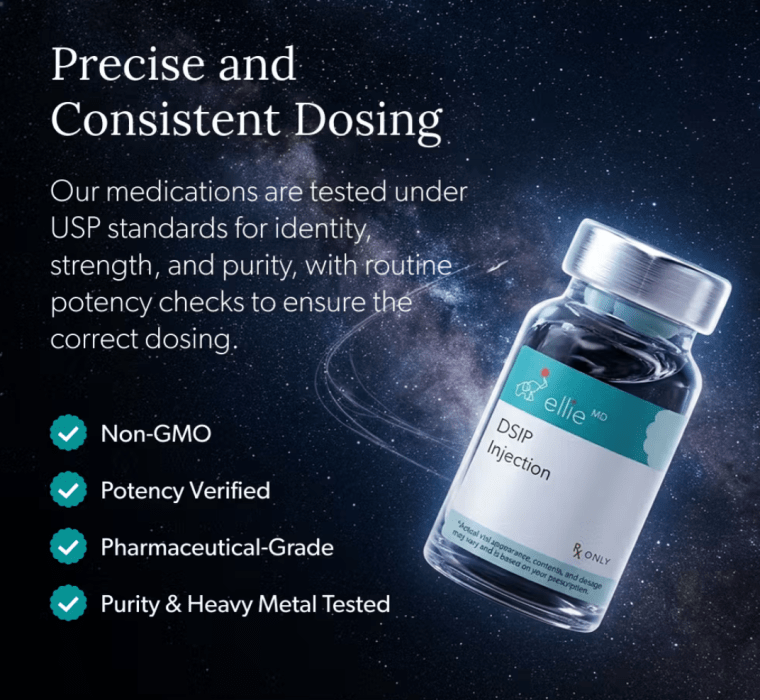 EllieMD DSIP injection precise and consistent dosing — non-GMO potency verified pharmaceutical grade purity and heavy metal tested