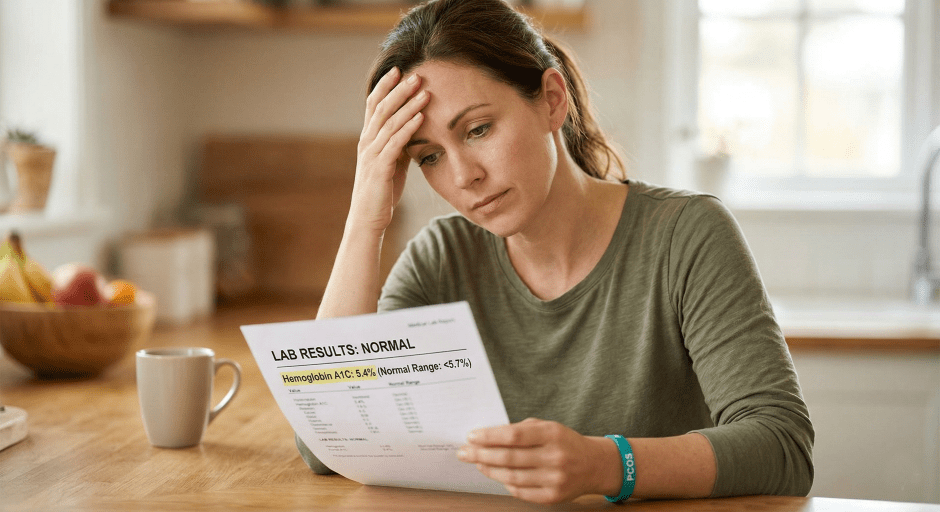 Woman with PCOS looking frustrated at lab results showing normal A1C while struggling with unexplained symptoms of insulin resistance