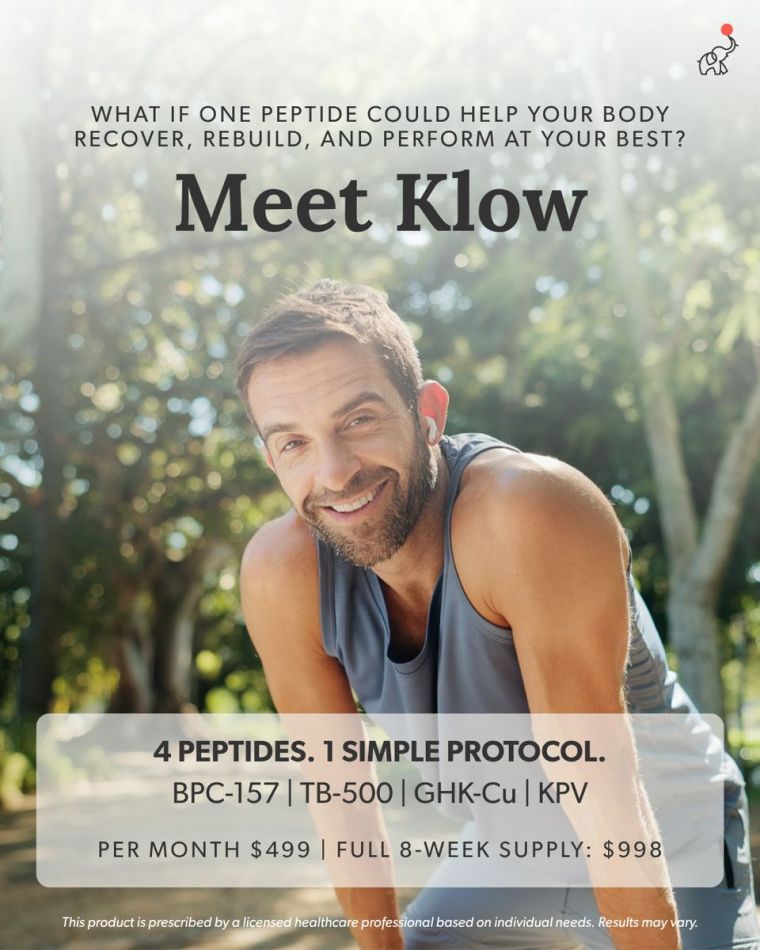 Lifestyle graphic introducing KLOW, a compounded peptide blend containing BPC-157, TB-500, GHK-Cu, and KPV, with pricing shown for monthly and 8-week supply options.
